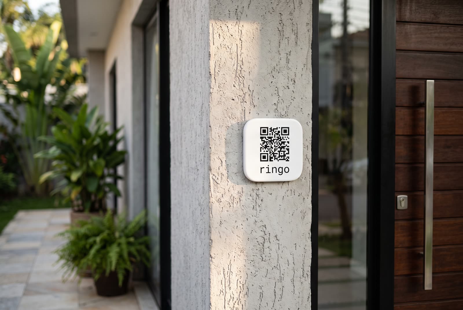 Adesivo do QR Code do Ringo colado na parede ao lado da porta de entrada de uma casa